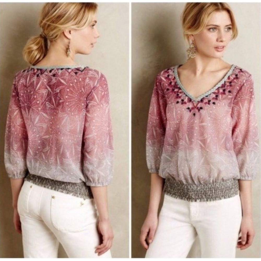 Akemi + Kin Anthropologie‎ Arembepe Embroidered Mesh Ombre V Neck Small